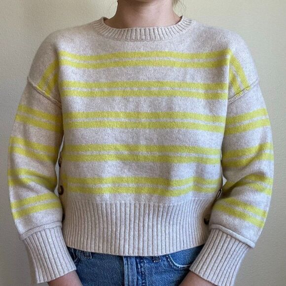 Aqua Womens Beige Yellow Striped 100% Cashmere Crewneck Soft Sweater Sz S - Picture 7 of 10